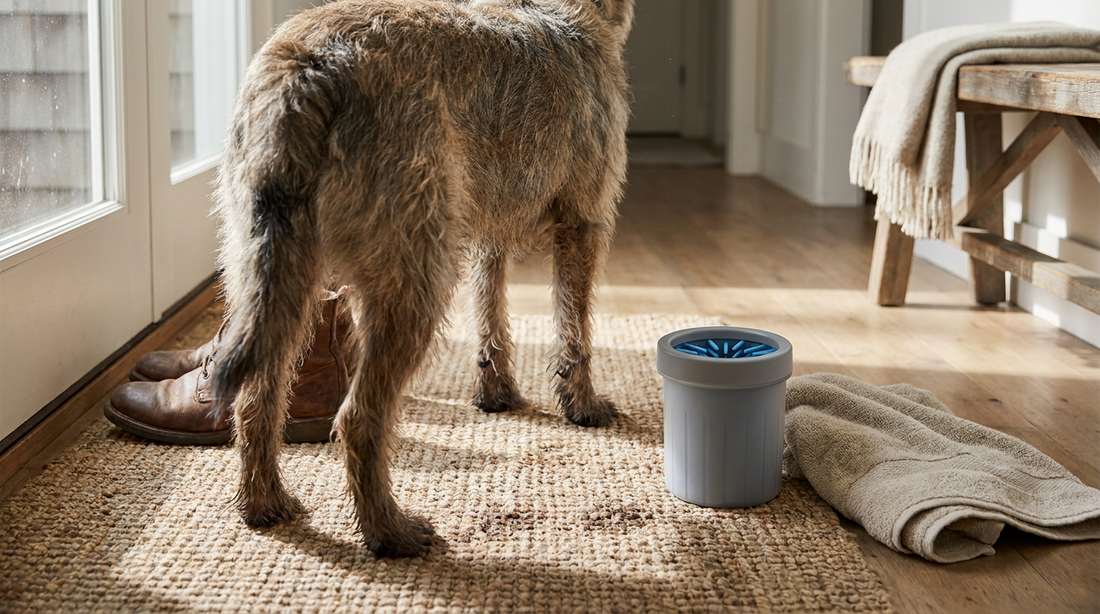Dog standing on an entryway mat beside a portable paw cleaner after a wet winter walk