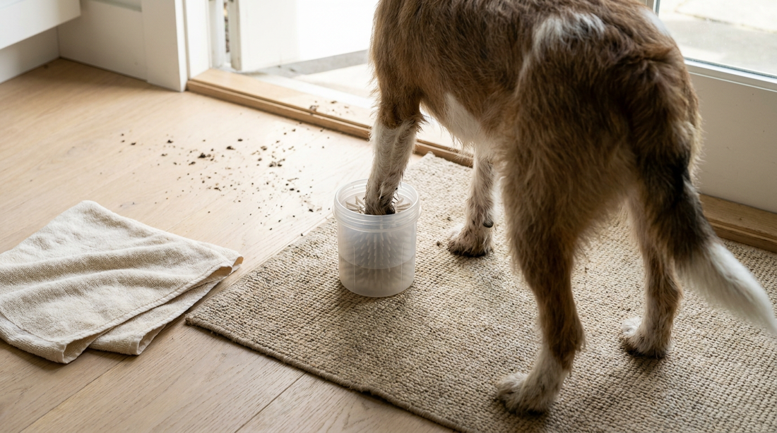 Dog paw being cleaned in a portable paw cleaner at a home entryway after a muddy walk