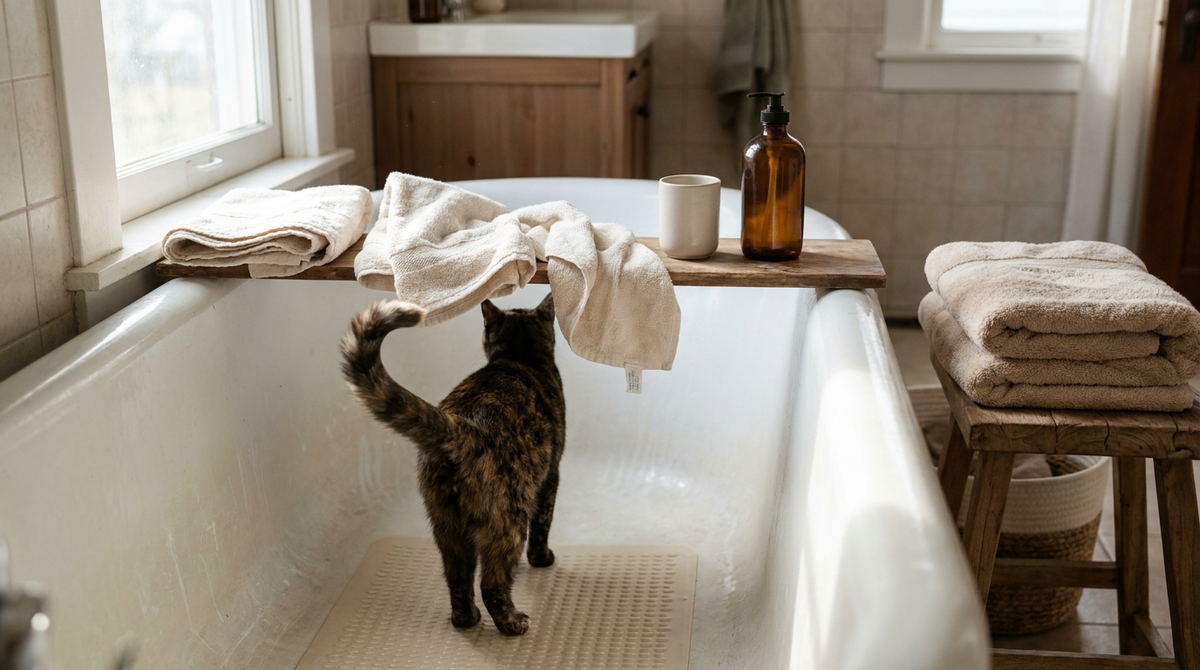 Prepared bathroom setup for bathing a cat at home with towels, a rinse cup, and a shallow tub.