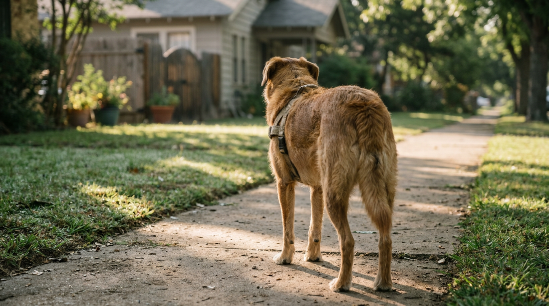 Dog walking along a shaded grassy edge beside pavement on a warm summer day