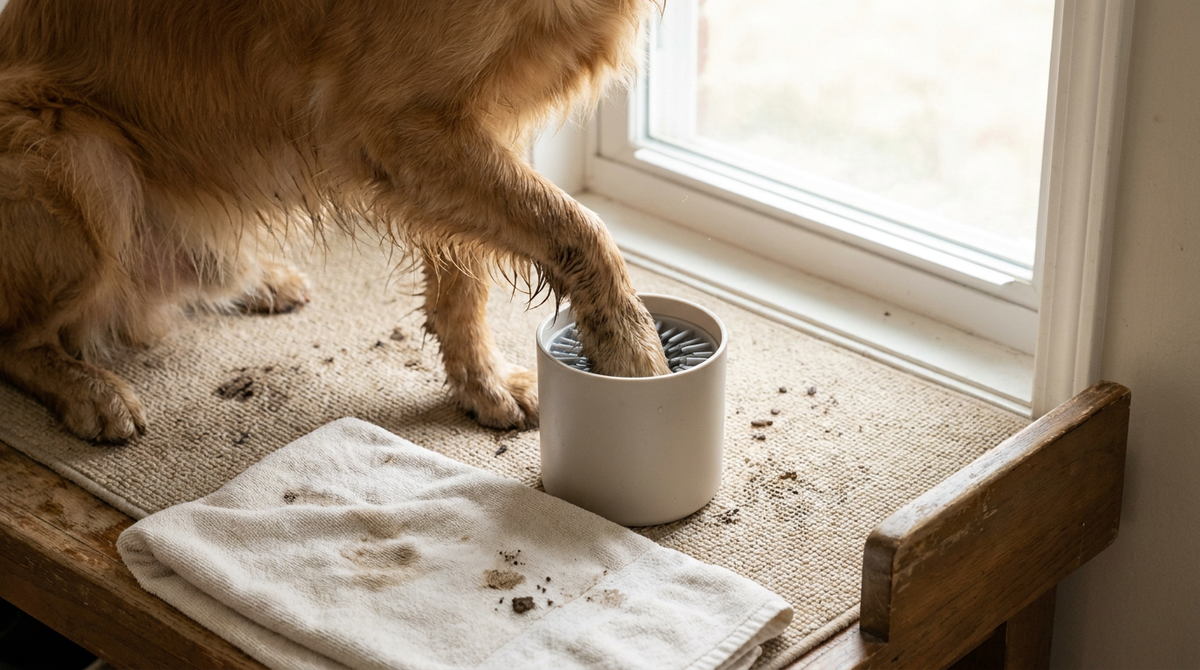 Dog paw in a portable paw cleaner on an entryway mat after a muddy walk