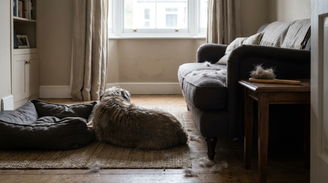 Dog seen from behind near a dog bed, with loose fur on a sofa and grooming brush in a lived-in living room.
